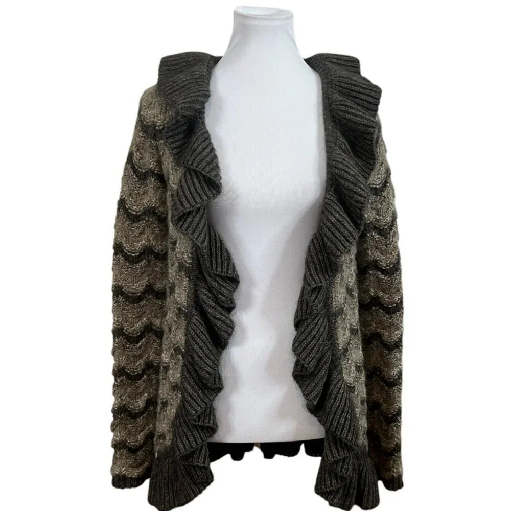 Chiara B. Brown Grey Brown Open Sweater S Small Wool Blend Ruffle‎ Shawl Collar